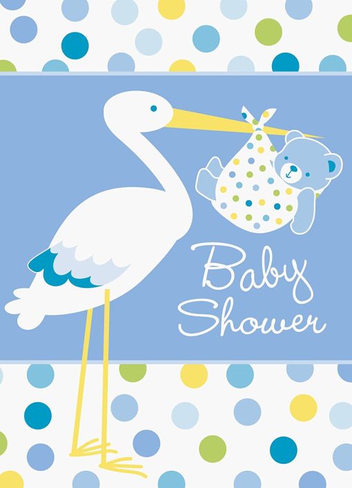 Baby Boy Stork Temalı Mavi Renk Baby Shower Davetiye 8 Adet (4913)