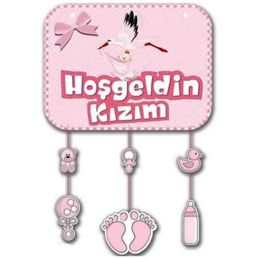 Pembe Renk Hoşgeldin Kızım Temalı Kapı Süsü Süsleme 40x60 cm (4913)