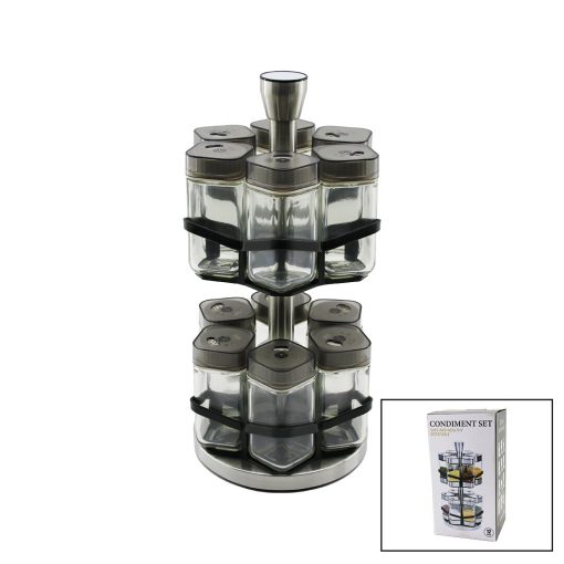 12PCS   KARE  CAM - PLASTİK KAPAK TUZLUK - BAHARATLIK  DÖNER STANDLI (4913)