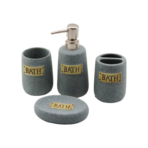 4 PCS GRİ SERAMİK BANYO TEMİZLİK SETİ SIVI - KATI SABUNLUK - DİŞ FIRÇALIK - MACUNLUK (4913)