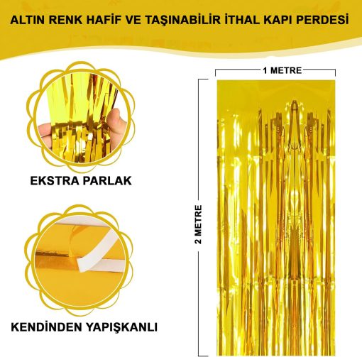 Altın Gold Renk Ekstra Metalize Parlak Saçaklı Arka Fon Perde İthal A Kalite 1x2 Metre (4913)