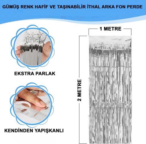 Gümüş Renk Ekstra Metalize Parlak Saçaklı Arka Fon Perde İthal A Kalite 1x2 Metre (4913)