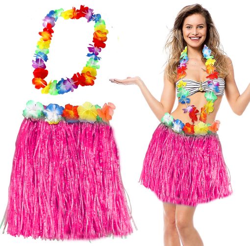 Hawaii Luau Aloha Pembe Püsküllü 40 cm Etek ve Hawaii Kolye Seti (4913)