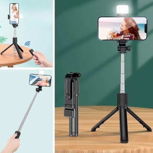 Kendiliğinden Işıklı Masaüstü Tripod Olabilen Telefon Tutuculu Kablosuz Kumandalı Selfie Çubuğu (4913)