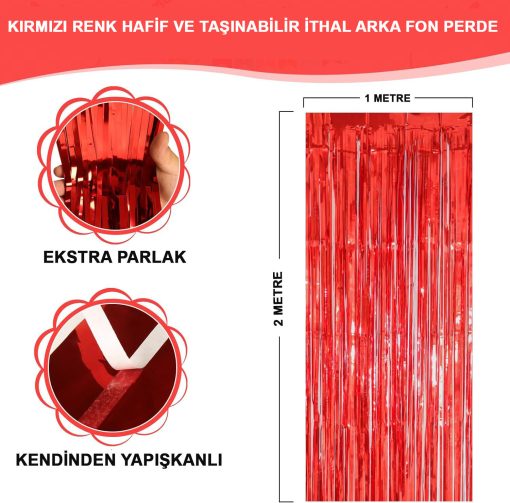 Kırmızı Renk Ekstra Metalize Parlak Saçaklı Arka Fon Perde İthal A Kalite 1x2 Metre (4913)