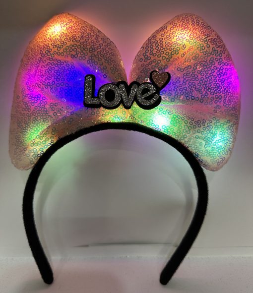 Led Işıklı 3 Farklı Fonksiyonda Yanan Gümüş Love Yazılı Toz Pembe Fiyonk Taç 20X17 cm (4913)