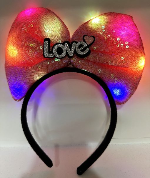 Led Işıklı 3 Farklı Fonksiyonda Yanan Gümüş Love Yazılı Fuşya Pembe Fiyonk Taç 20X17 cm (4913)