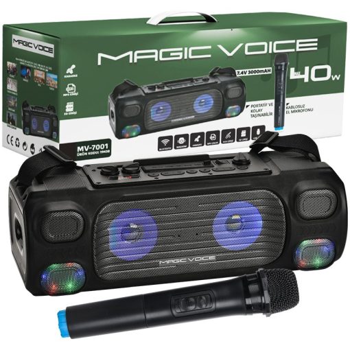 MAGICVOICE MV-7001 VHF EL MİK USB/SD/BT/UK 40 WATT IŞIKLI TAŞINABİLİR ŞARJLI  SEYYAR ANFİ (4913)