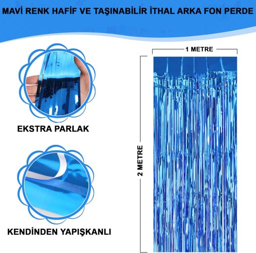 Mavi Renk Ekstra Metalize Parlak Saçaklı Arka Fon Perde İthal A Kalite 1x2 Metre (4913)