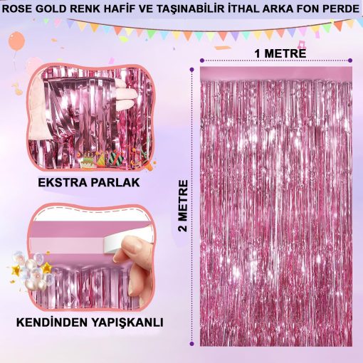 Rose Gold Renk Ekstra Metalize Parlak Saçaklı Arka Fon Perde İthal A Kalite 1x2 Metre (4913)