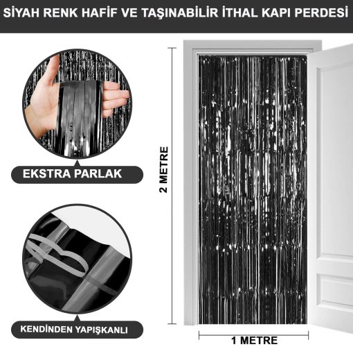 Siyah Renk Ekstra Metalize Parlak Saçaklı Arka Fon Perde İthal A Kalite 1x2 Metre (4913)