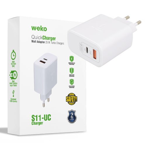 WK-21446 S11-UC 25 WATT 3.0 AMPER TYPE-C + USB ŞARJ BAŞLIK ADAPTÖRÜ (4913)