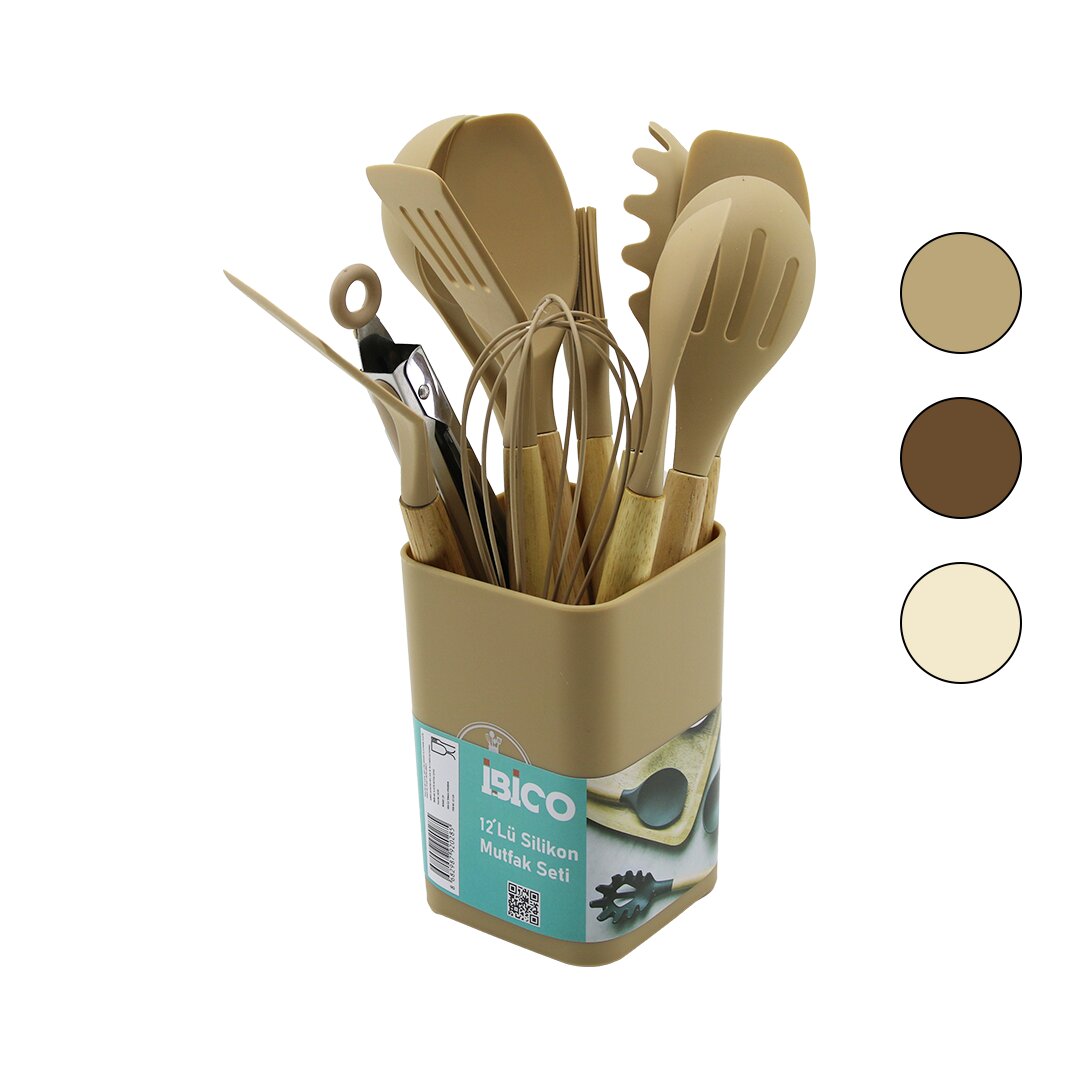 11PCS+KOVA SİLİKON MUTFAK SETİ BAMBU SAP 3-KAŞIK- 3-SPATULA- 1-KEVGİR- 1-KEPÇE- 1-MAŞA- 1-ÇRPC- 1-FRÇ