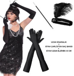 1920'ler Gatsby Aksesuar Seti – Siyah Charleston Saç Bandı, Uzun Eldiven &amp;amp; Sigaralık