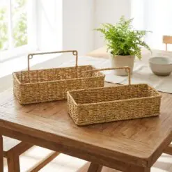 2’li Duvar Askılı Plastik Rattan Organizer – Dikdörtgen Hasır Görünümlü Mutfak Raf Sepeti, Banyo ve Ev İçi Düzenleme Ünitesi