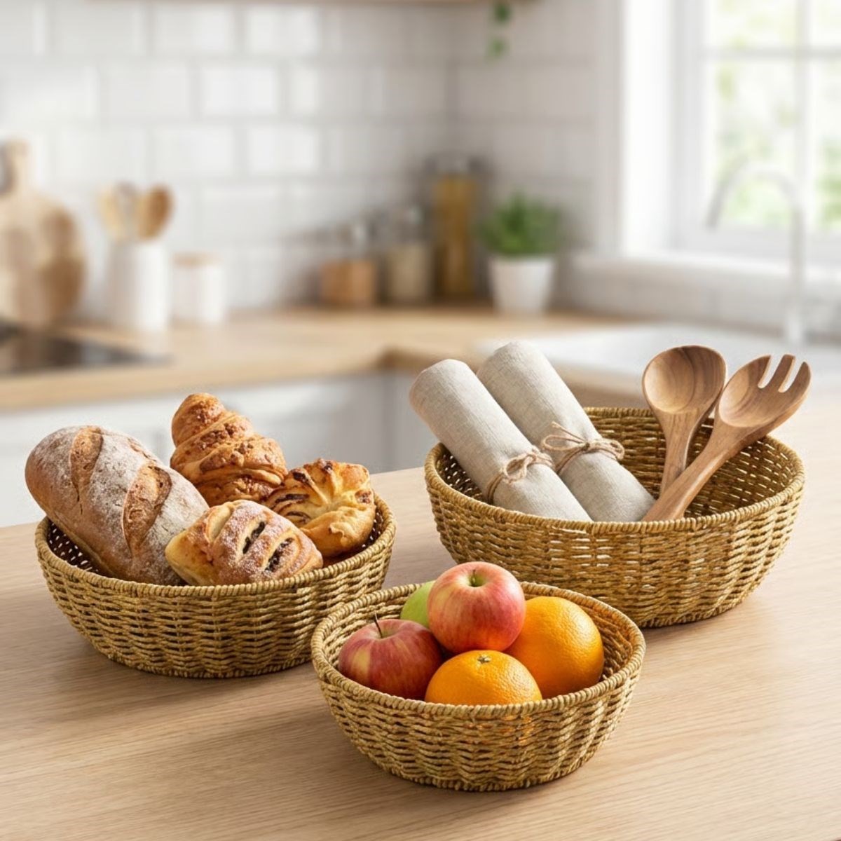 3’lü Plastik Rattan Çanak Seti – Hasır Görünümlü İç İçe Geçebilen Sunum ve Düzenleme Kaseleri, Mutfak &amp; Masaüstü Çok Amaçlı Organizer