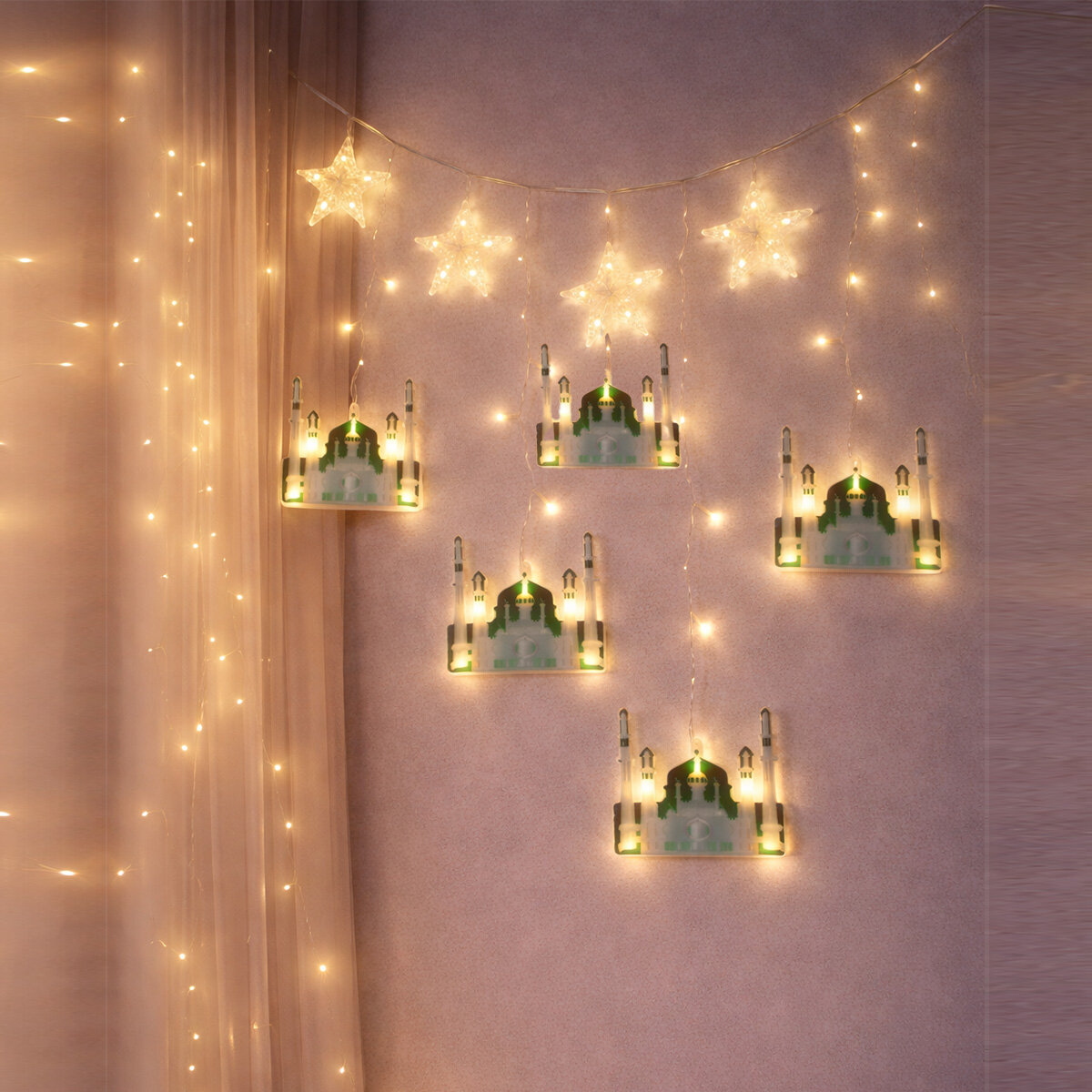 3MT FİŞLİ - EKLEMELİ RAMAZAN DEKOR LAMBA - PERDE LED YEŞİL CAMİ - YILDIZ