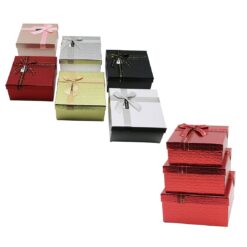 3PCS KARE PARLAK MİX RENKLİ - KABARTMA DESEN KARTON HEDİYE KUTUSU KURDELALI 19-17-15CM
