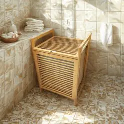AHŞAP BAMBU KİRLİ ÇAMAŞIR SEPET KUMAŞ ÇANTALI SEPET=40X35X60CM