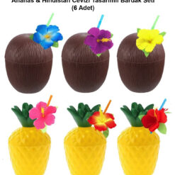 Ananas &amp;amp; Hindistan Cevizi Tasarımlı Pipetli Bardak Seti (6 Adet)