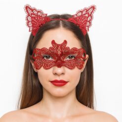 Ateş Kırmızısı Dantel Taç ve Maske Seti 10 No - Maskeli Balo &amp;amp; Özel Gün Seti