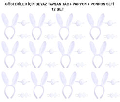 Beyaz Tavşan Kostüm Seti – Taç, Papyon, Kuyruk (12’li Paket)