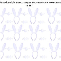Beyaz Tavşan Kostüm Seti – Taç, Papyon, Kuyruk (12’li Paket)