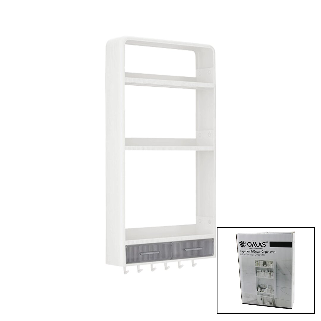 BEYAZ YAPIŞKANLI DUVAR ORGANİZERİ PLASTİK 3 RAF=14CM-19CM-30CM - 2 ÇEKMECE=40CM - 6 ASKI 19 PARÇA