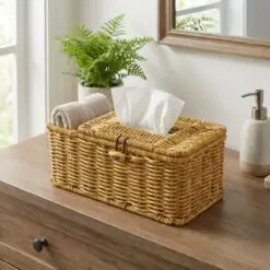 Bölmeli Kapaklı Doğal Rattan Görünümlü Hasır Makyaj, Takı ve Havlu Düzenleyici – Peçetelikli Çok Amaçlı Masaüstü Organizer Sepet