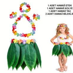 Çocuk Hawaii Kostüm Seti - Yaprak Etek &amp;amp; Hawaii Set - 5 Parça