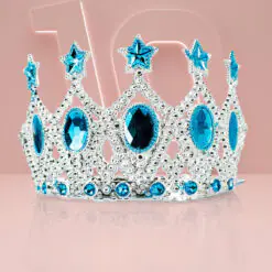 Çocuk Kraliçe Tacı - Mavi Yıldız İşlemeli Prenses Tacı 15x7 cm