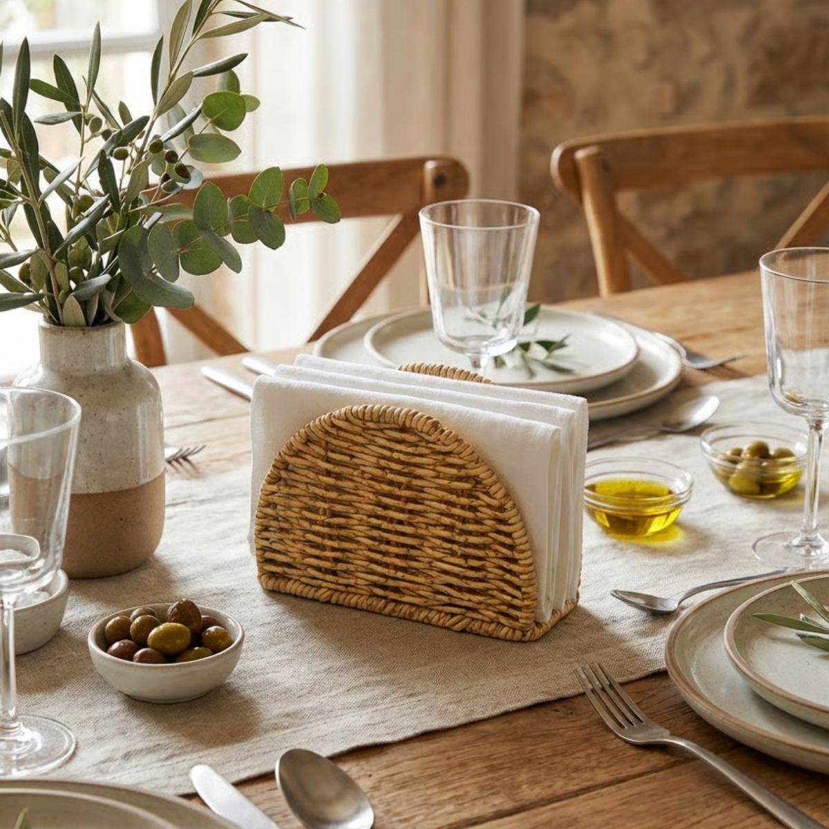 Dekoratif Plastik Rattan Yarım Yuvarlak Peçetelik–Doğal Hasır Dokulu Masaüstü Peçete Standı