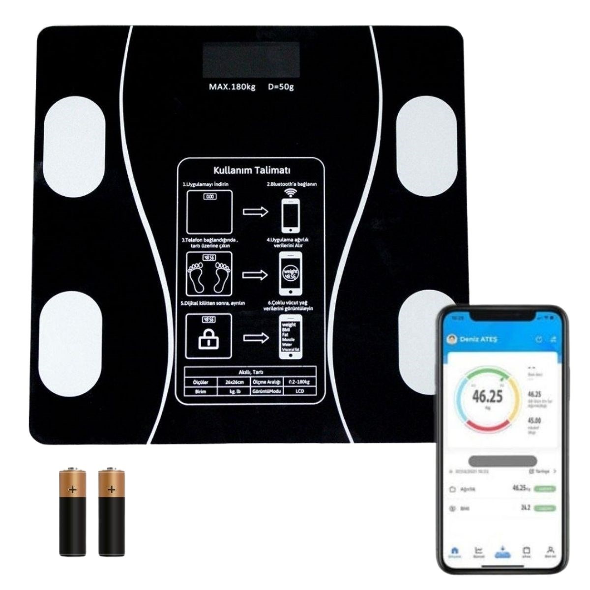 Dijital Baskül Yağ Ölçer Fonksiyonlu Akıllı Baskül Bluetooth Bağlantılı Tartı