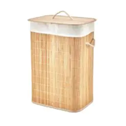 DİKDÖRTGEN BAMBU AHŞAP KİRLİ ÇAMAŞIR SEPETİ 40X30X60CM SEYYAR KAPAKLI İÇİ BEZLİ İP KULPLU