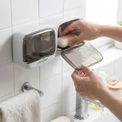 Duvara Monte İkili Kapaklı Plastik Katı Sabunluk Organizer – Banyo &amp; Mutfak İçin Yapışkanlı Sabun Kutusu ve Düzenleyici