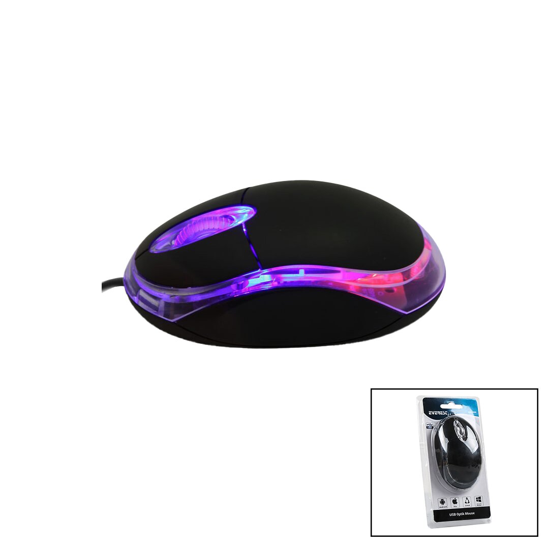 EVEREST KM-6809  KABLOLU USB - IŞIKLI  SİYAH OPTİK MOUSE  1200 DPI   VAKUMLU AMBALAJ  110CM KABLO