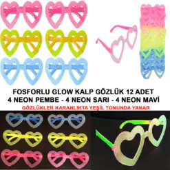 Fosforlu Kalp Model Glow Parti Gözlüğü Karanlıkta Yanan Gözlükler 12 Adet