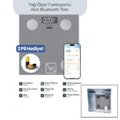 GRİ YAĞ ÖLÇER AKILLI BLUETOOTH CAM BASKÜL PİLLİ 180KG/50GR 26X26CM 8-KİŞİ HAFIZA LCD EKRAN ℃ GÖSTERGE SBS-4473