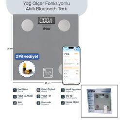 GRİ YAĞ ÖLÇER AKILLI BLUETOOTH CAM BASKÜL PİLLİ 180KG/50GR 28X28CM 8-KİŞİ HAFIZA LCD EKRAN ℃ GÖSTERGE SBS-4469