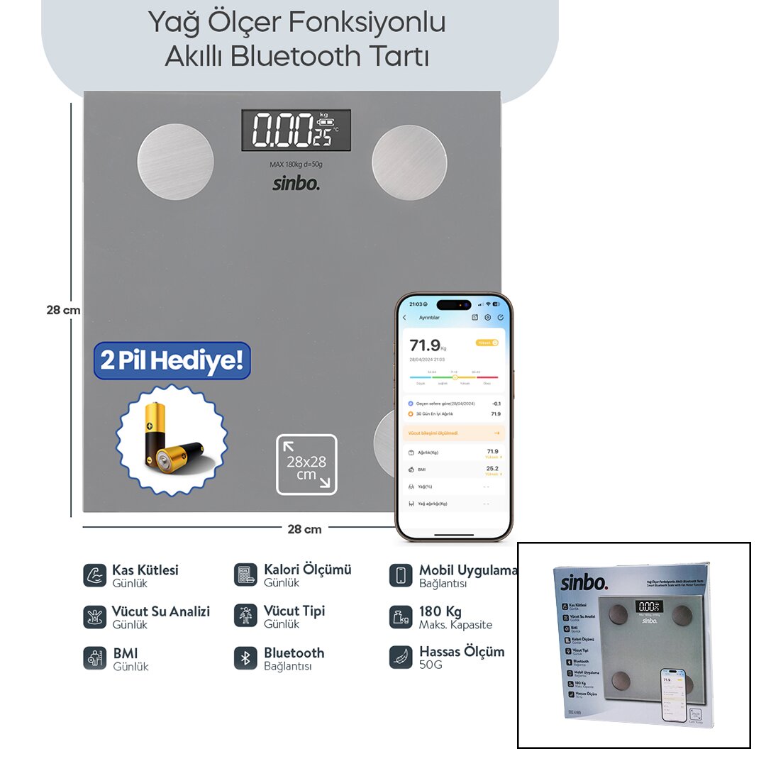 GRİ YAĞ ÖLÇER AKILLI BLUETOOTH CAM BASKÜL PİLLİ 180KG/50GR 28X28CM 8-KİŞİ HAFIZA LCD EKRAN ℃ GÖSTERGE SBS-4469