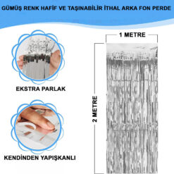 Gümüş Renk Ekstra Metalize Parlak Saçaklı Arka Fon Perde İthal A Kalite 1x2 Metre