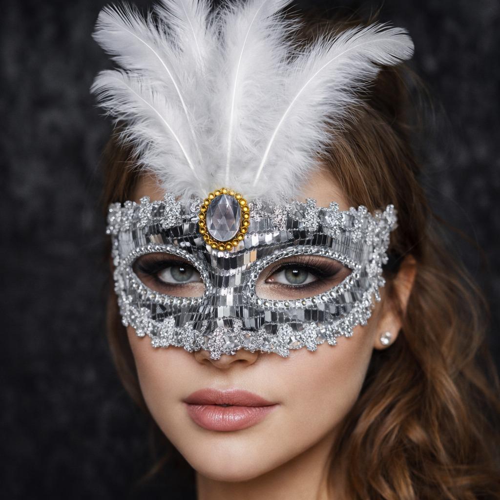 Gümüş Renk Payetli Pullu Tüylü Parti Maskesi 17x20 cm