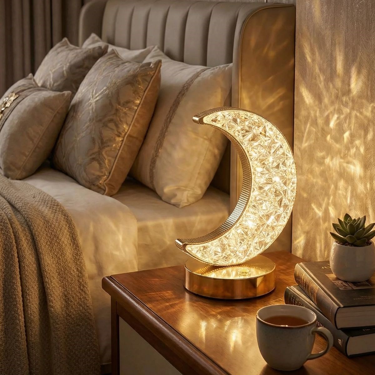 Hilal AY Model Kristal LED Masa Lambası – Dokunmatik, 3 Renk Işık Modlu, Şarjlı Mini Dekoratif Gece Lambası