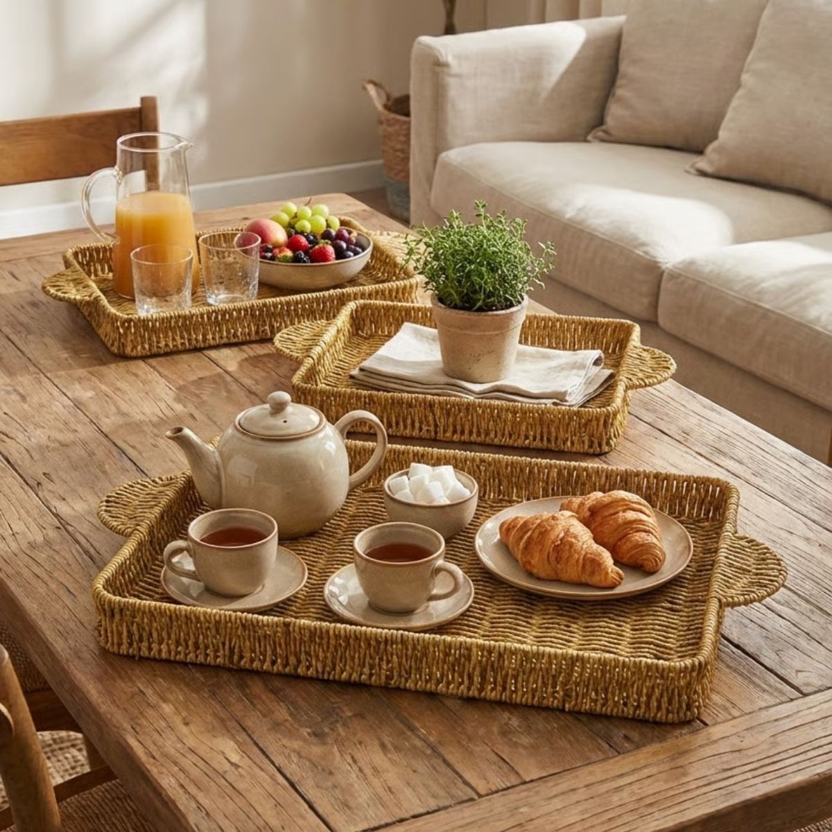 İç İçe Geçebilen 3’lü Dikdörtgen Plastik Rattan Tepsi Seti–Hasır Görünümlü Çok Amaçlı Servis ve Sunum Tepsileri