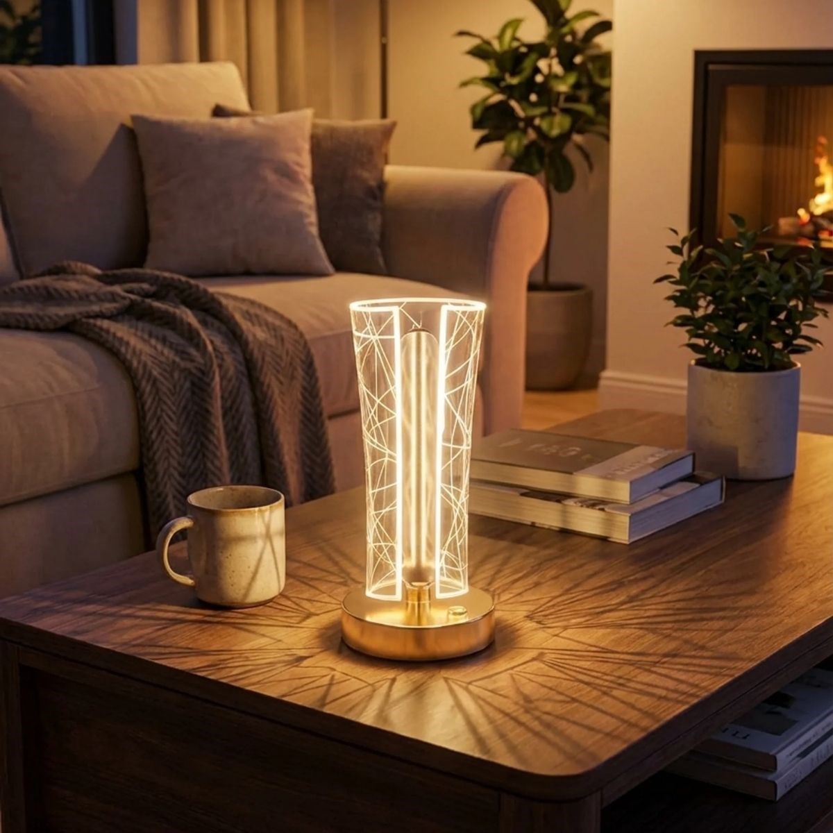 İki Yandan Kavisli Silindirik Geometrik Çizgi Model Kristal LED Masa Lambası – Dokunmatik, 3 Renk Işık Modlu, Şarjlı Dekoratif Gece Lambası