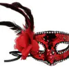 Kırmızı Renk Yandan Tüylü Güllü Gümüş Taşlı Pullu Maske 20x22 cm