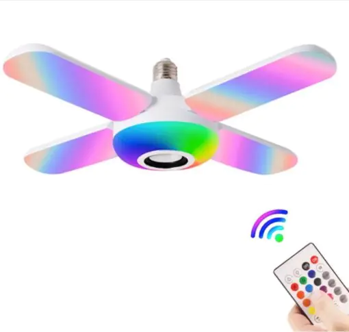Lamba 4 Kanatlı E27 Duya Takılan Kumandalı Katlanabilir Led Müzik Lamba Işığı Avize Bluetooth Hoparlör