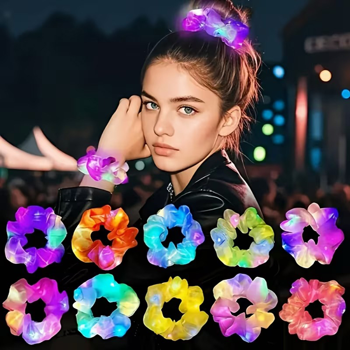 Lila Mor Renk Led Işıklı Lastikli Saç Tokası - 3 Modlu Festival - Parti Saç Tokası