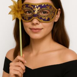 Lüks Taşlı Saplı Maskeli Balo Maskesi Mor Renk 35 cm