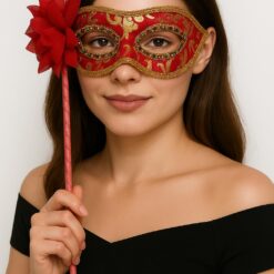 Lüks Taşlı Saplı Maskeli Balo Maskesi Kırmızı Renk 35 cm